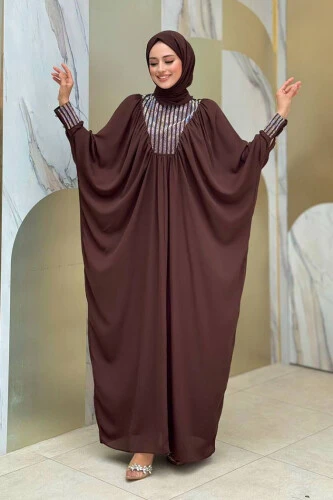 Taş Detaylı Yarasakol Elbise 3917 Kahverengi - 1