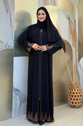 Taş Detaylı Fermuarlı Ferace 3918 Siyah-Gold - Bym Fashion