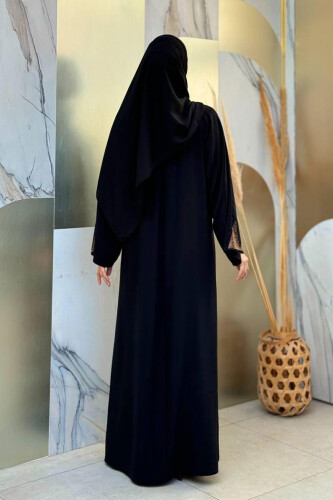 Taş Detaylı Fermuarlı Ferace 3918 Siyah-Gold - Bym Fashion (1)