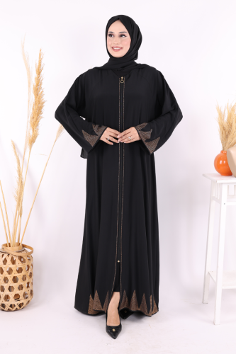 Taş Detaylı Fermuarlı Ferace 3918 Siyah-Gold - 5