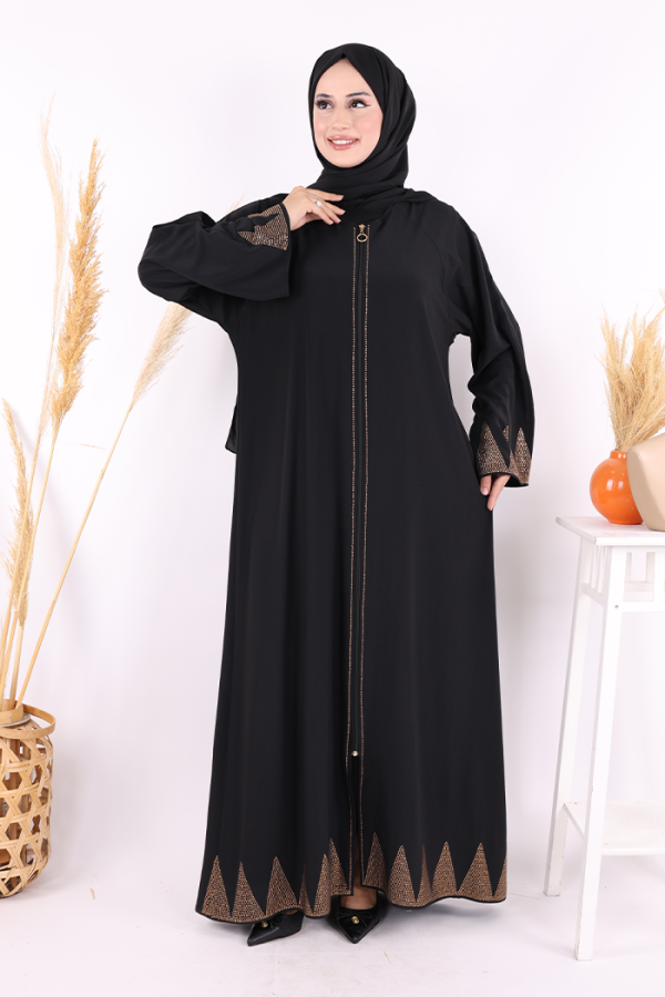 Taş Detaylı Fermuarlı Ferace 3918 Siyah-Gold - 6