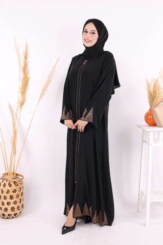 Taş Detaylı Fermuarlı Ferace 3918 Siyah-Gold - 7