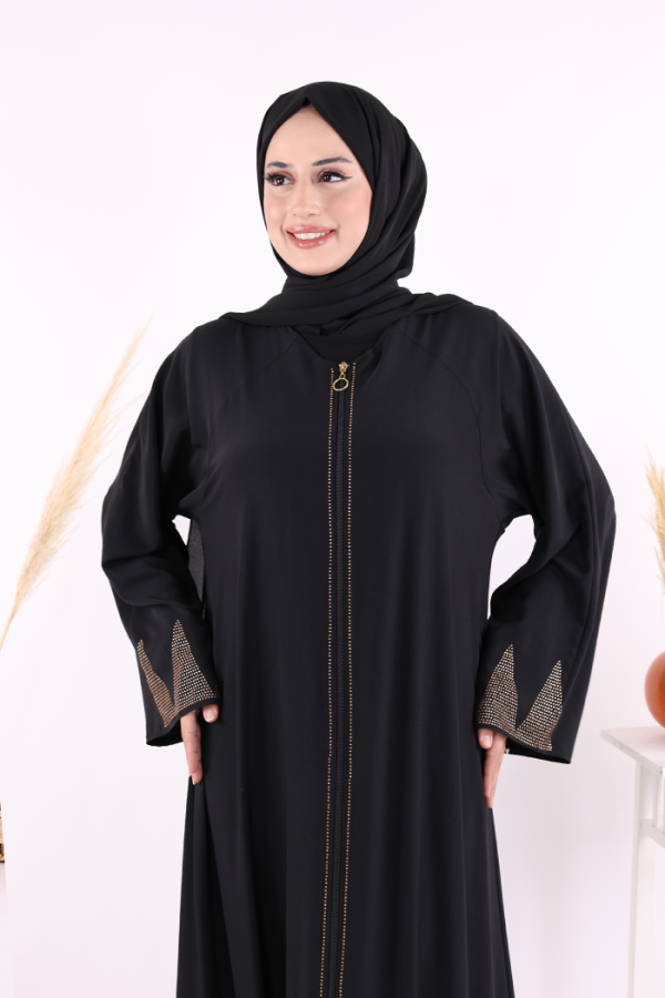 Taş Detaylı Fermuarlı Ferace 3918 Siyah-Gold - 9