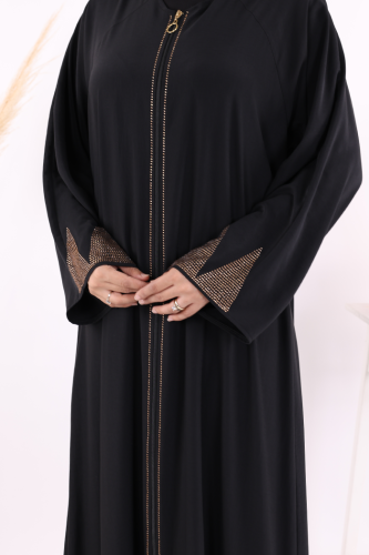 Taş Detaylı Fermuarlı Ferace 3918 Siyah-Gold - 10