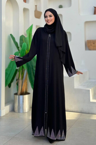 Taş Detaylı Fermuarlı Ferace 3918 Siyah-Gümüş - Bym Fashion