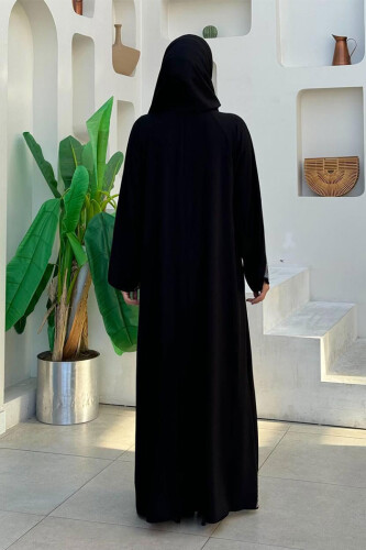 Taş Detaylı Fermuarlı Ferace 3918 Siyah-Gümüş - Bym Fashion (1)