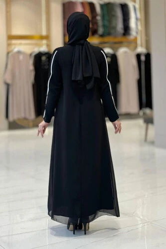 Büyük Beden Düğme Detaylı Elbise 3919-1 Siyah-Ekru - Bym Fashion (1)