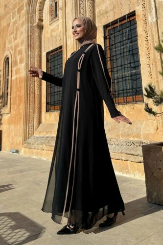 Büyük Beden Düğme Detaylı Elbise 3919-1 Siyah - Bym Fashion (1)