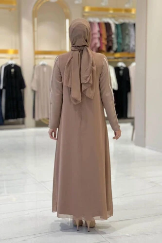 Büyük Beden Düğme Detaylı Elbise 3919-1 Vizon - Bym Fashion (1)