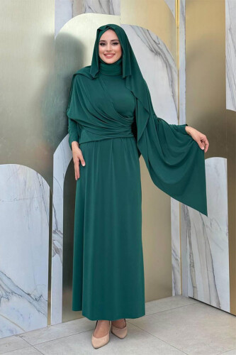 Şallı Drape Detaylı Sandy Elbise 3922 Zümrüt - Bym Fashion (1)