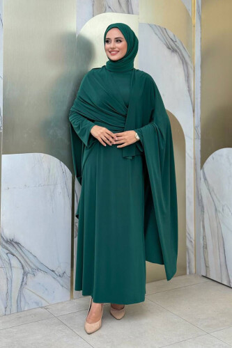 Şallı Drape Detaylı Sandy Elbise 3922 Zümrüt - Bym Fashion