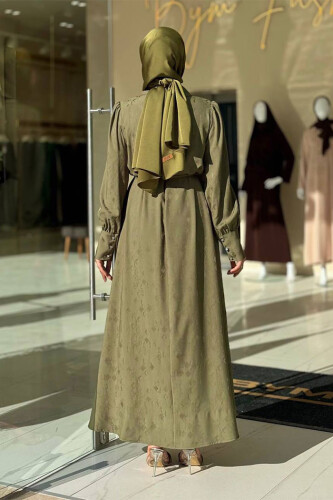 Taş Detaylı Jakar Elbise 3924 Haki - Bym Fashion (1)
