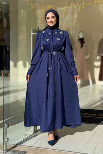 Taş Detaylı Jakar Elbise 3924 Lacivert - Bym Fashion
