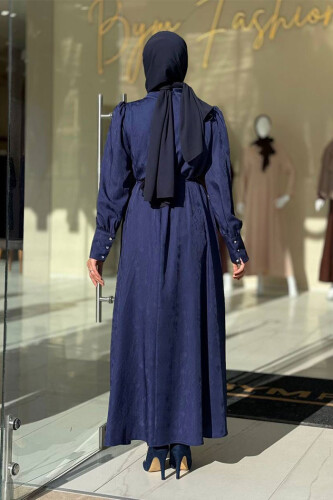 Taş Detaylı Jakar Elbise 3924 Lacivert - Bym Fashion (1)