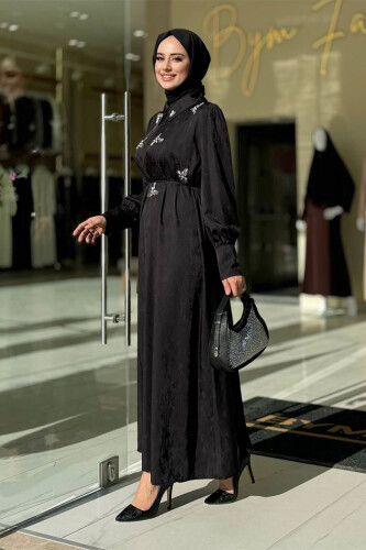 Taş Detaylı Jakar Elbise 3924 Siyah - Bym Fashion (1)