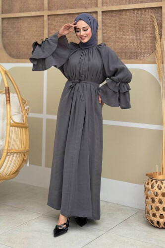 Kol Fırfır Detaylı Elbise 3925 Füme - Bym Fashion