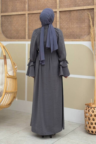 Kol Fırfır Detaylı Elbise 3925 Füme - Bym Fashion (1)