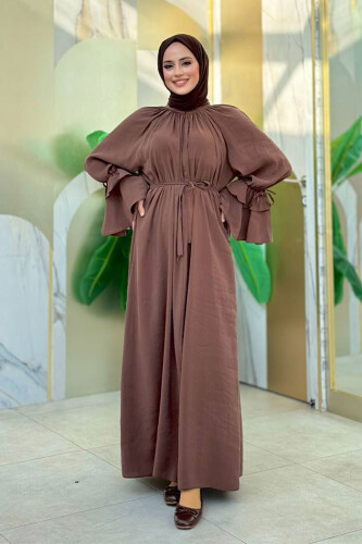 Kol Fırfır Detaylı Elbise 3925 Kahverengi - Bym Fashion