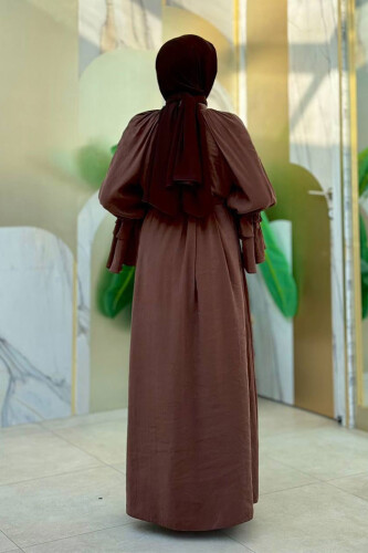 Kol Fırfır Detaylı Elbise 3925 Kahverengi - Bym Fashion (1)