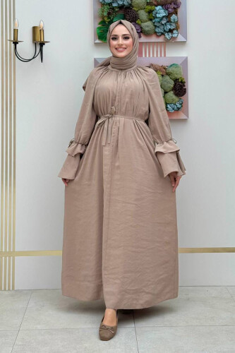 Kol Fırfır Detaylı Elbise 3925 Vizon - Bym Fashion