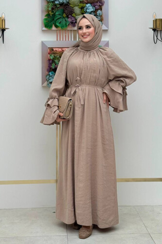 Kol Fırfır Detaylı Elbise 3925 Vizon - Bym Fashion (1)