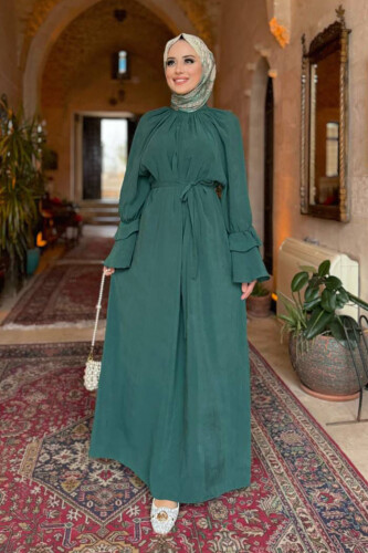 Kol Fırfır Detaylı Elbise 3925 Zümrüt - Bym Fashion