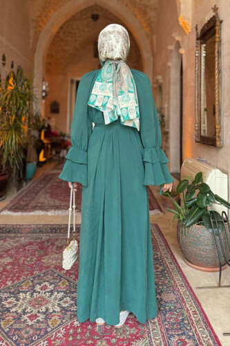 Kol Fırfır Detaylı Elbise 3925 Zümrüt - Bym Fashion (1)