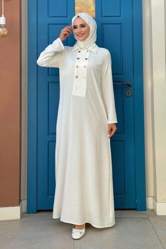 Çıt Çıt Düğme Detaylı Elbise 3928 Ekru - Bym Fashion