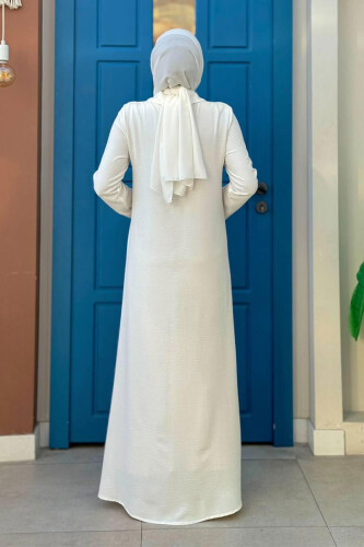 Çıt Çıt Düğme Detaylı Elbise 3928 Ekru - Bym Fashion (1)