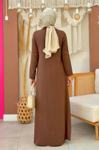Çıt Çıt Düğme Detaylı Elbise 3928 Kahverengi - Bym Fashion (1)