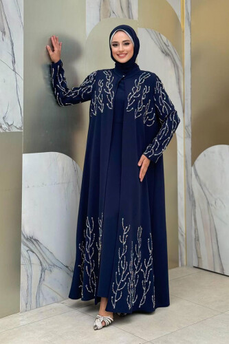 Taş Detaylı Yelekli Elbise Takım 3929 Lacivert - Bym Fashion