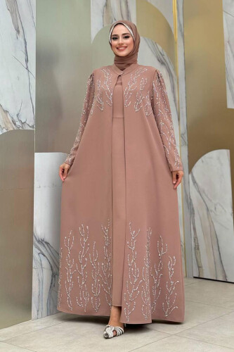 Taş Detaylı Yelekli Elbise Takım 3929 Vizon - Bym Fashion