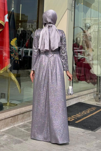 Simli Taş Detaylı Abiye 3934 Gri - Bym Fashion (1)