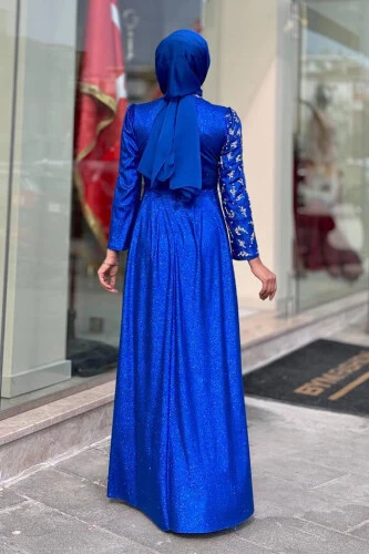 Simli Taş Detaylı Abiye 3934 Saks - Bym Fashion (1)