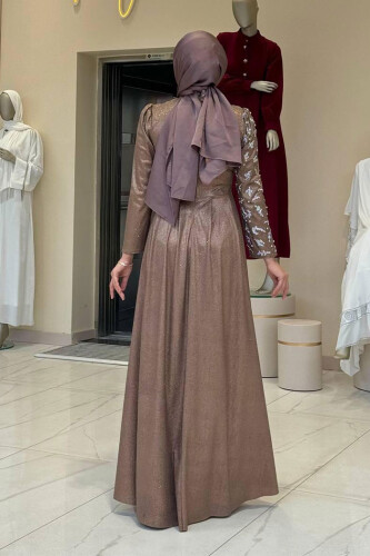 Simli Taş Detaylı Abiye 3934 Vizon - Bym Fashion (1)