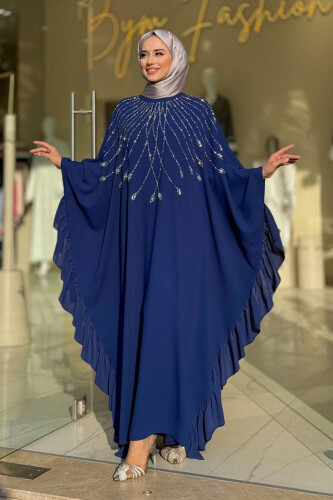 Fırfırlı Taş Detaylı Elbise 3936 Lacivert - Bym Fashion