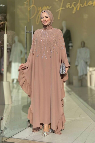 Fırfırlı Taş Detaylı Elbise 3936 Vizon - Bym Fashion