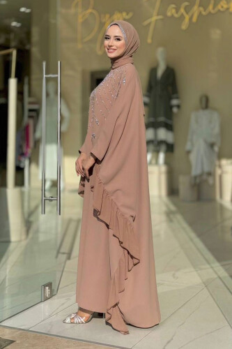 Fırfırlı Taş Detaylı Elbise 3936 Vizon - Bym Fashion (1)