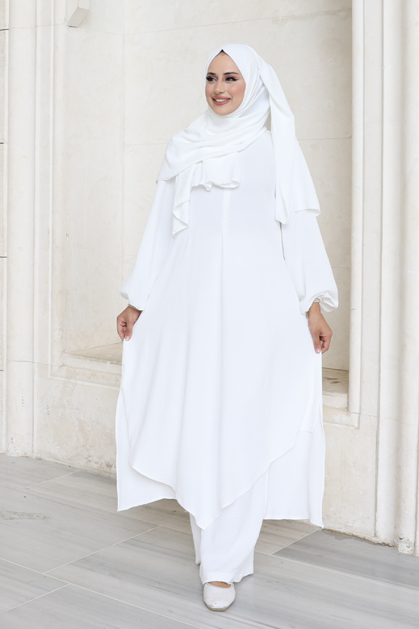 Verevli Tunik, Pantolon ve Şal Üçlü Takım 3937 Ekru - 5