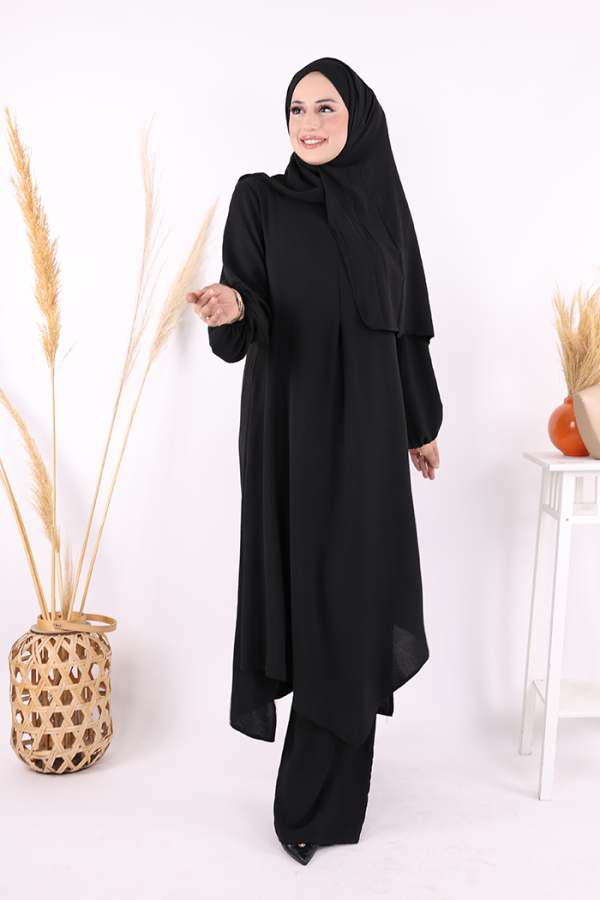 Verevli Tunik, Pantolon ve Şal Üçlü Takım 3937 Siyah - 5