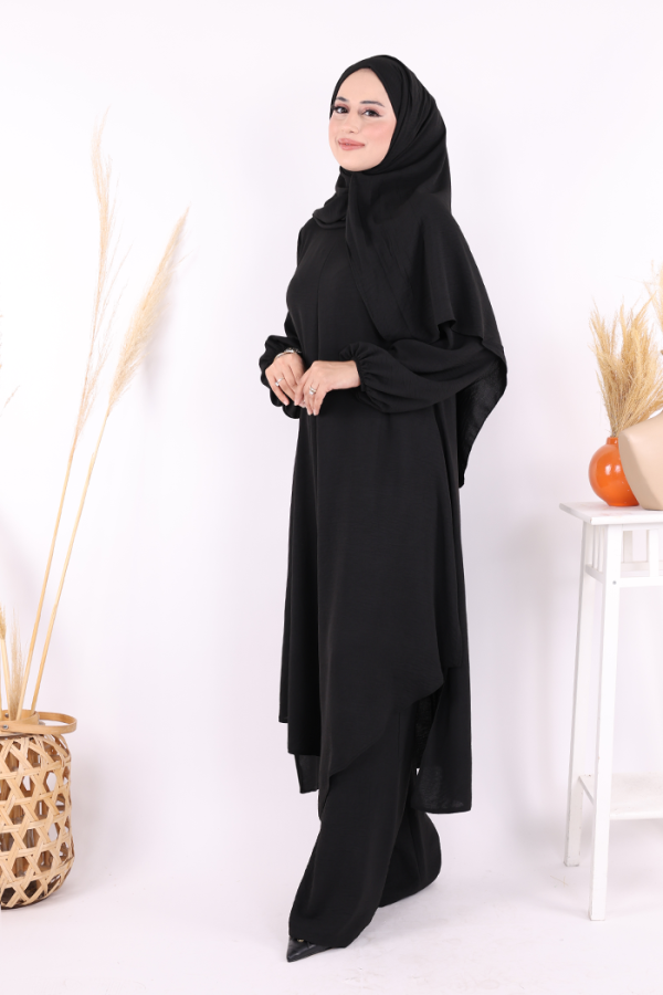 Verevli Tunik, Pantolon ve Şal Üçlü Takım 3937 Siyah - 7