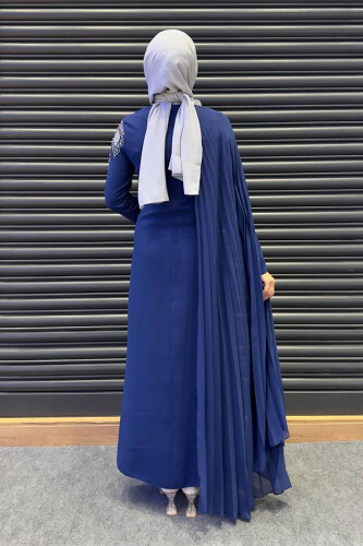 Taş Detaylı Pelerinli Elbise 3938 Lacivert - Bym Fashion (1)