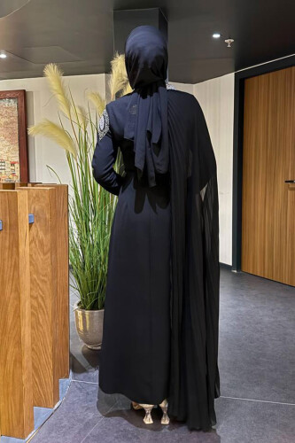 Taş Detaylı Pelerinli Elbise 3938 Siyah - Bym Fashion (1)