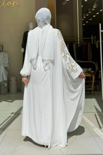 Taş Detay Pelerinli Elbise Takım 3939 Ekru - Bym Fashion (1)