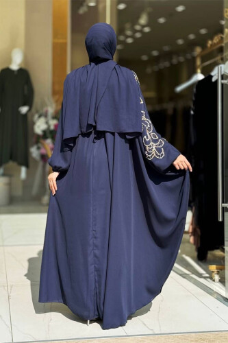 Taş Detay Pelerinli Elbise Takım 3939 Lacivert - Bym Fashion (1)