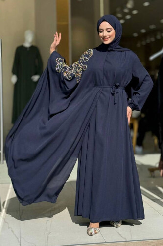 Taş Detay Pelerinli Elbise Takım 3939 Lacivert - Bym Fashion