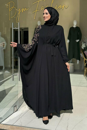 Taş Detay Pelerinli Elbise Takım 3939 Siyah - Bym Fashion