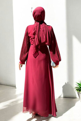 Pilise Kol Detaylı Elbise 3949 Bordo - Bym Fashion (1)