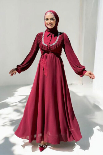 Pilise Kol Detaylı Elbise 3949 Bordo - Bym Fashion