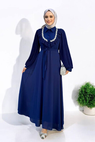 Pilise Kol Detaylı Elbise 3949 Lacivert - Bym Fashion